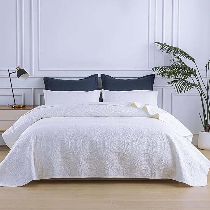 SheRest Full Quilt Bedding Set - White Soft Breathable Bed Quilts, Modern Style Embossed Bedspreads, Lightweight Microfiber Reversible Coverlet for All Seasons-3 Pieces (1 Quilt,2 Pillow Shams)