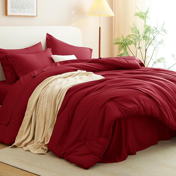 CozyLux Queen Comforter Set Dark Red, 7 Pieces Bed in a Bag Queen Size Comforter Set with Sheets, Bedding Sets with Down Alternative Comforter, Fitted Sheets, Flat Sheets, Pillow Shams and Pillowcases