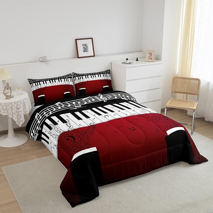 Erosebridal Music Notes Comforter Set for Kids Boys Teens Men Piano Keys Down Comforter Twin Size Rock Musical Bedding Set Play Piano Duvet Sets Music Bedroom Decor with 1 Pillow Case Red Black