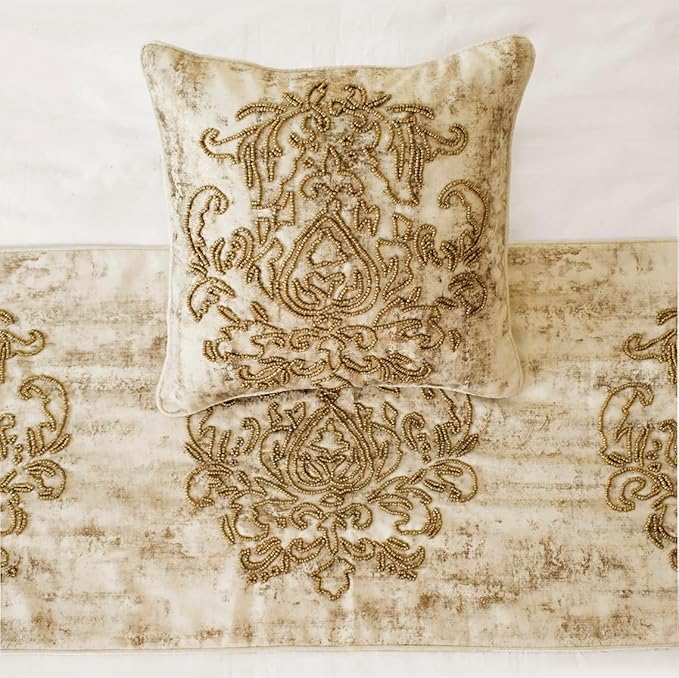 The HomeCentric King/Queen/Twin Ivory & Gold Decorative King 90"x18" Bed Runner Without Pillow Cover, Beaded & Foil Bed Scarf on Silk Fabric - Foil Damask Gold