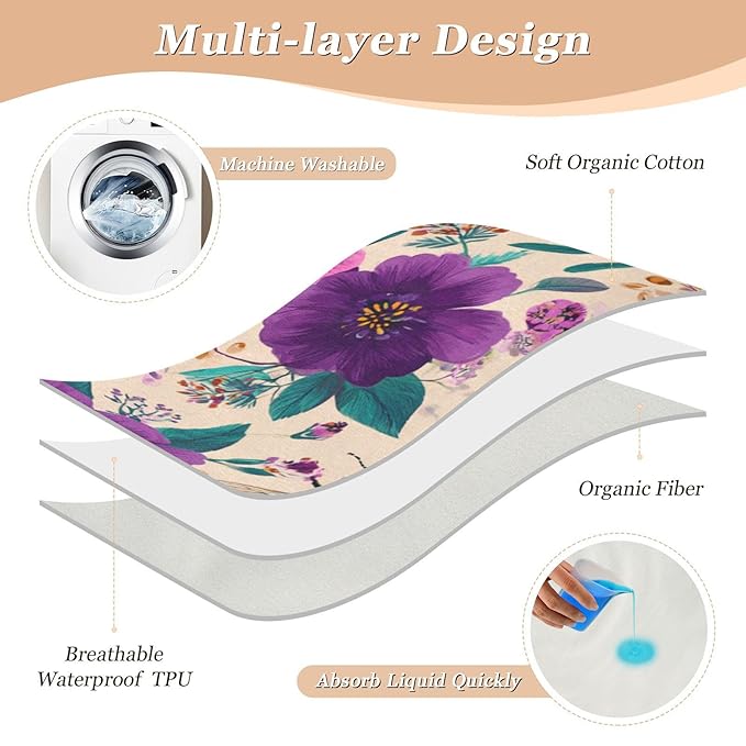 Waterproof Bed Pad Reusable Changing Pad Toddler Mattress Protector Large Pee Pad Baby Diaper Pad Soft Washable Liner Beige Bees and Colorful Flowers