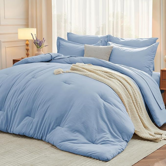 MUXHOMO 7 Pieces King Comforter Set, Soft Bed in a Bag King Size, All Season Bedding Set with Comforter, Flat Sheet, Fitted Sheet, Pillowcases & Shams, Greyish Blue