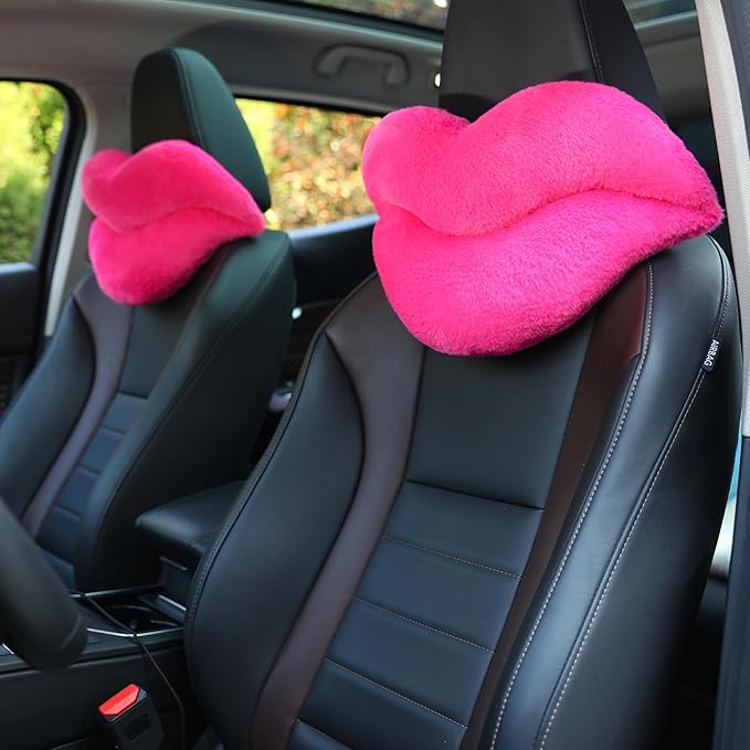 Sexysamba 2 Pack Lip Shaped Car Headrest Pillow, Comfortable Soft Head Rest Cushion Kawaii Car Accessories Cute Car Neck & Seat Pillow for Driving Travelling Office Home Decor - Rose Red Lip