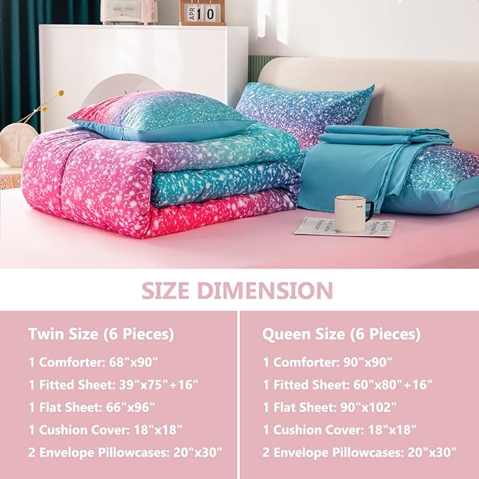 PERFEMET Girls Twin Size 6 Piece Bed in A Bag 3D Colorful Rainbow Bedding Comforter Sheet Set for Kids - (1 Comforter, 1 Flat Sheet, 1 Fitted Sheet, 2 Pillowcases, 1 Cushion Cover)
