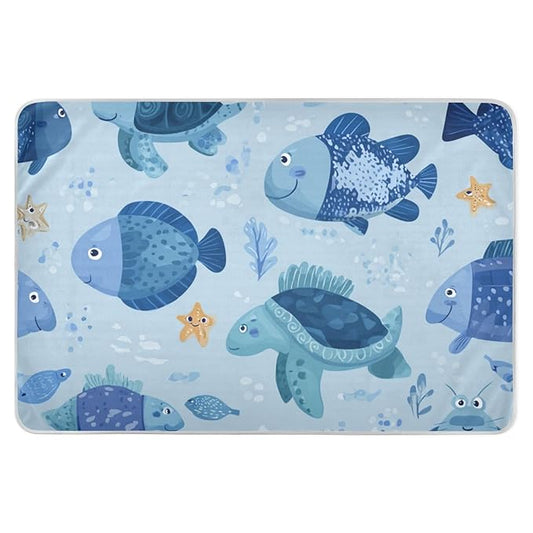 Waterproof Bed Pad Reusable Changing Pad Toddler Mattress Protector Large Pee Pad Baby Diaper Pad Soft Washable Liner Blue Turtle Fish Crabs