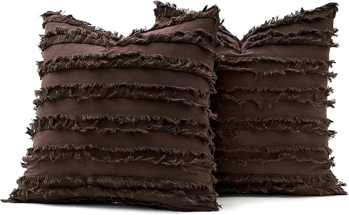 Decorative Boho Throw Pillow Covers Set of 2 Dark Brown Chocolate Modern Linen Striped Jacquard Pattern Farmhouse Neutral Cushion Covers for Sofa Couch Living Room Bedroom 20x20 Inch Home Decor