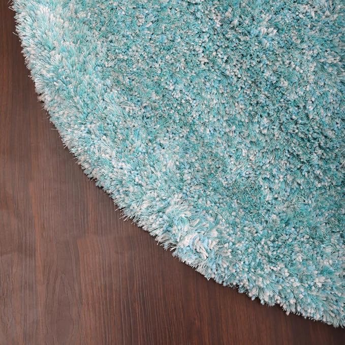 Hand Tufted SHAG Polyester ECO-Friendly Area Rugs - 10'x10', Round, Turquoise White, Solid Plain Design, High Pile Thick Handmade Anti Skid Rugs for Living Room K00111