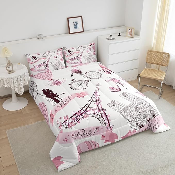 Paris Eiffel Tower Bedding Set for Girls Kids Couple Lover Romantic French Comforter Trip Design Comforter Set Pink White Room Decor Famous Cityscape Duvet Set King Size Bedspreads Coverlet Sets Boys