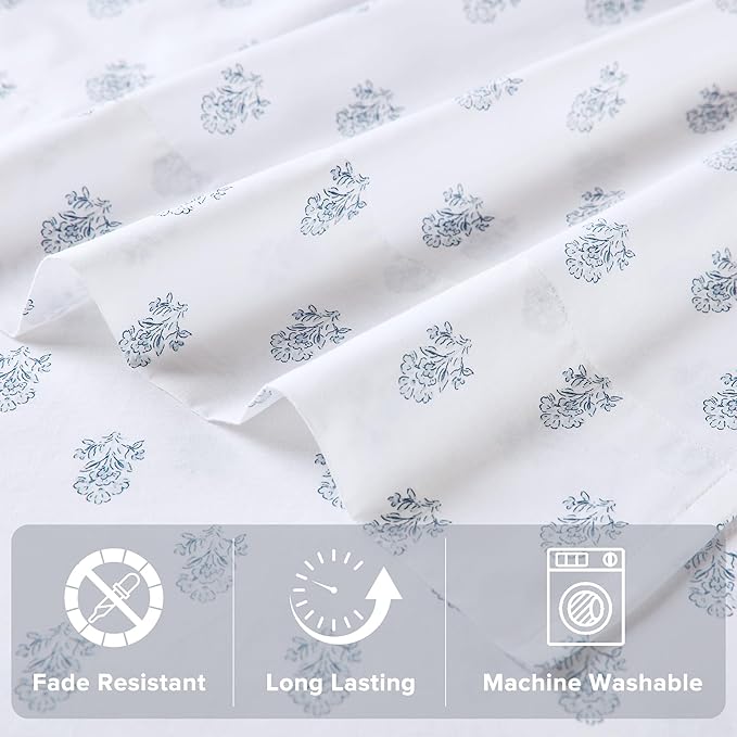 Comfort Spaces 100% Cotton Sheets King, Breathable, Naturally Cool Cotton Sheets, Soft Cotton Bed Sheets with 14" Elastic Pocket Fits up to 16" Mattress, All Seasons Sheet Set, Floral Blue 4 Piece