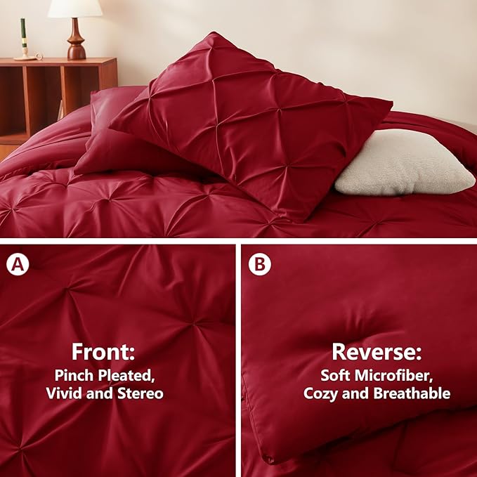 King Comforter Set Dark Red, 7 Pieces Pintuck Bed in A Bag King Size Bedding, Soft Bed Set All Season Pinch Pleat Comforter Set with Sheets, Pillowcases & Shams