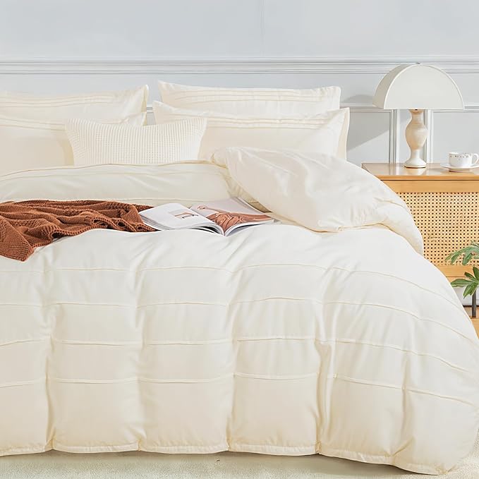 NEXHOME PRO 100% Organic Cotton Duvet Cover King, Linen Like Pleated Textured Ivory Duvet Cover Set, 3pc Bedding Set with Zipper Closure, Soft, Lightweight and Breathable,104"x90", No Comforter