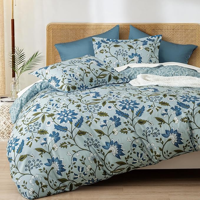 PHF Ultra Soft Floral Duvet Cover King Size, Printed Bedding Set 3 Pieces, Comfy Farmhouse Pattern Duvet Cover Set with 2 Pillow Shams, Zipper Closure and 8 Ties, 104"x90", Flower-Dusty