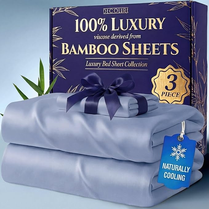 DECOLURE 100% Viscose Derived from Bamboo Sheets Twin Size - Luxury 3 Pc Naturally Cooling Sheets, Ultra Soft Bed Set - Deep 17" Pockets, Durable Double Stitching, Oeko Tex Standard (Light Blue)