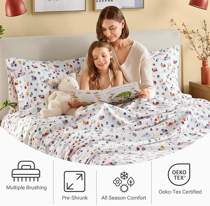 Sleep Philosophy True North 100% Cotton Flannel Sheets King Size, Cozy Flannel Sheet Set Brushed for Extra Softness, Heavyweight Novelty Print Warm Flannel Bedding Set,White Village Print 4 Piece