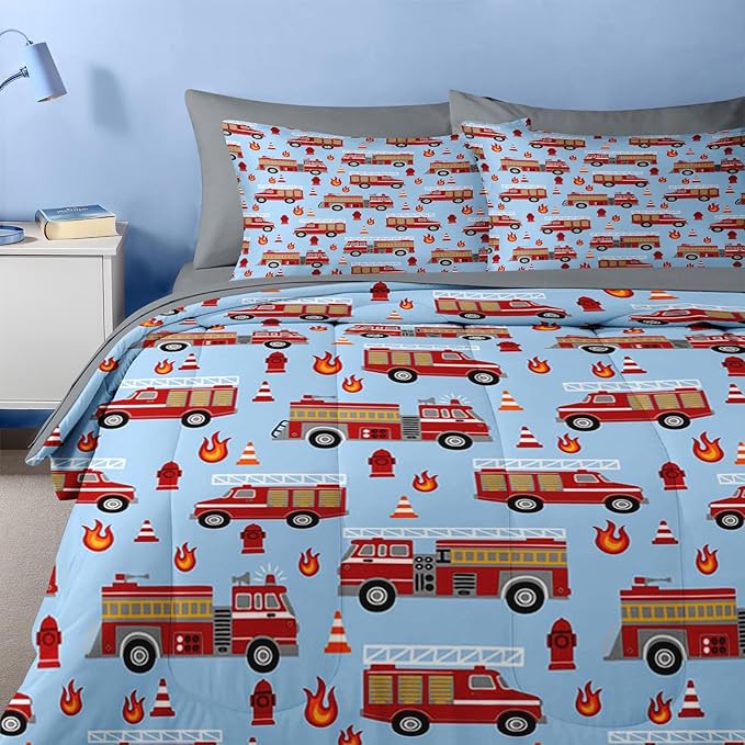 Nesker 5 Pcs Comforter Set Twin Size, Red Fire Engine Bedding for Kids Teen, Fire-Fighting Trucks Vehicle Bed Sheet with Pillowcase & Sham