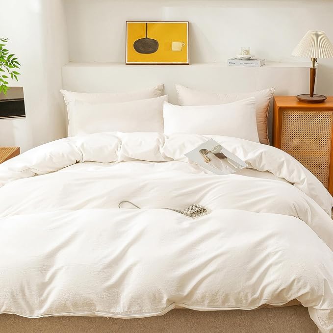 ECOCOTT White Duvet Cover Full Size, 100% Washed Cotton 1 Duvet Cover with Zipper and 2 Pillowcases, Ultra Soft and Easy Care Breathable Bedding Set (White, Full)