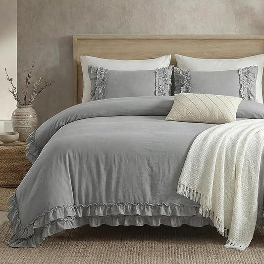 Bedorm Gray King Duvet Cover Set Ruffle Bedding Set Pleat Ruffled Shabby Chic Comforter Cover Extra Soft & Easy Care Gray Boho Duvet Cover with Zipper Closure
