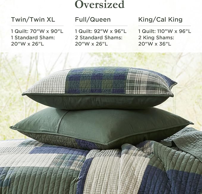 Woolrich Quilt Set Patchwork Channel Quilting, Cottege Coverlet for Twin Size Bed All Seasons, Lightweight Prewashed Cotton Coverlet Bedspread, Shams, Mill Creek, Oversized Twin/Twin XL Green 2 Piece