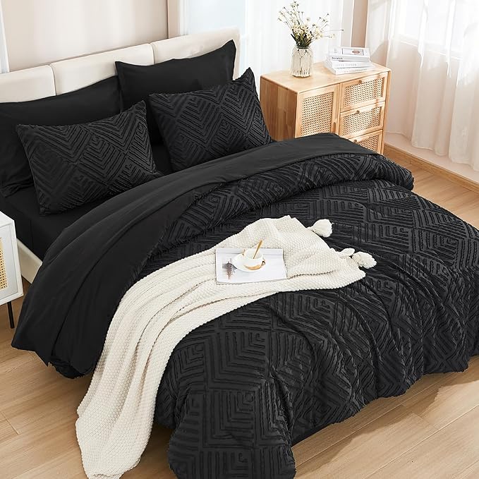 Andency Oversized King Size Comforter Set 7 Pieces Black - Bed in a Bag Oversized King Boho Lightweight Fluffy Tufted Bedding Sets with Comforter, Sheets, Pillowcases & Shams