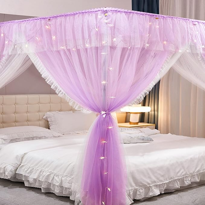 VETHIN 4 Corners Post Ruffle Princess Bed Canopy Curtain-Double Layer Cozy Drape Netting 4 Opening Mosquito Net for Girls Adults Bedroom Decoration (Double-Purple, 78" W*86" L*82"*H/(King))