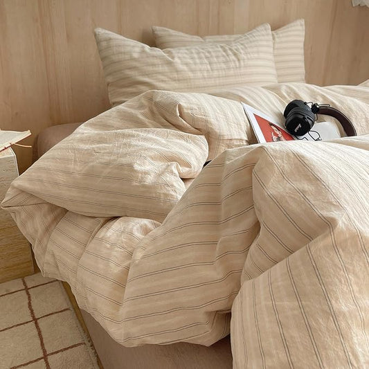 mixinni Retro Striped Duvet Cover Set Queen Size - 100% Washed Cotton Beige Duvet Cover with Black White Stripes, Soft Breathable 3 Piece Comforter Cover with Zipper Closure & Corner Ties