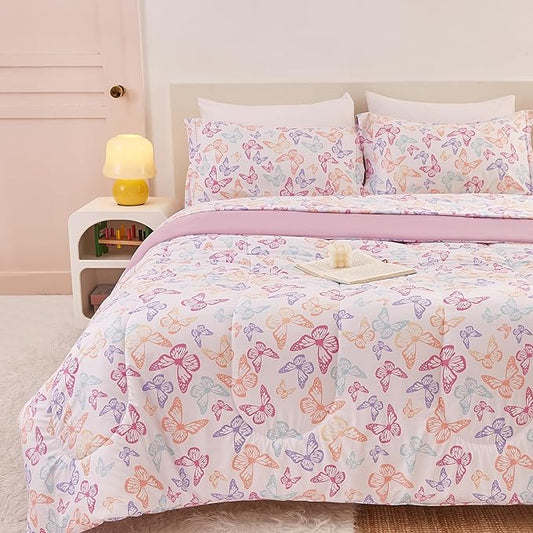 Yibeizi Butterfly Kids Comforter Set for Girls Twin, Cute Quilted Lavender Printed Bedding Set with Pillow Sham, Lightweight Soft Breathable Machine Washable Bed Set 2 Piece