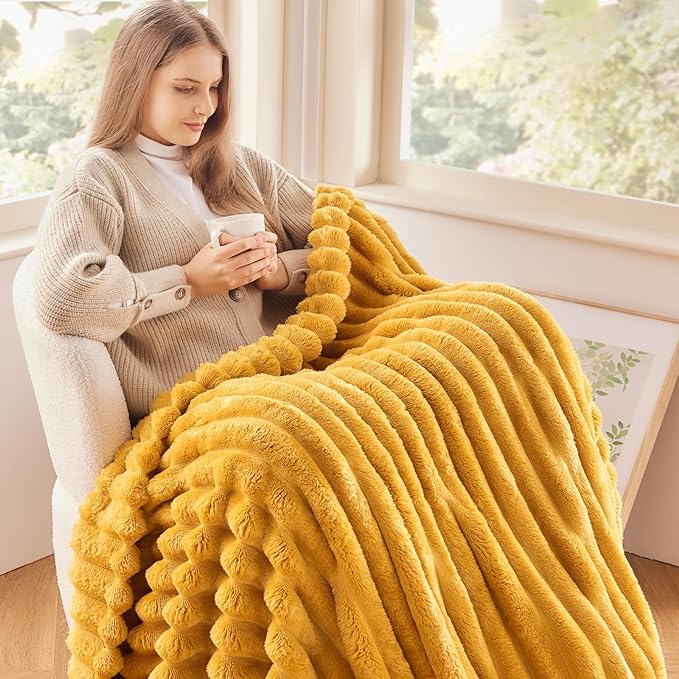 NEWCOSPLAY Super Soft Throw Blanket Mustard Yellow Premium Silky Flannel Fleece 3D Ribbed Jacquard Lightweight Bed Blanket All Season Use (Mustard Yellow Ribbed, Throw(50"x60"))