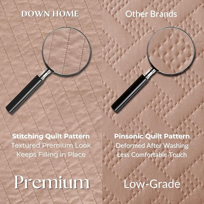 DOWN HOME King Quilt Bedding Set with Shams, Vintage Washed Soft Quilted Blanket Thin Comforter Lightweight Bedspread Coverlet Bed Cover, Brushed Microfiber Stripe Stitching, Desert Blush, 104"x90"