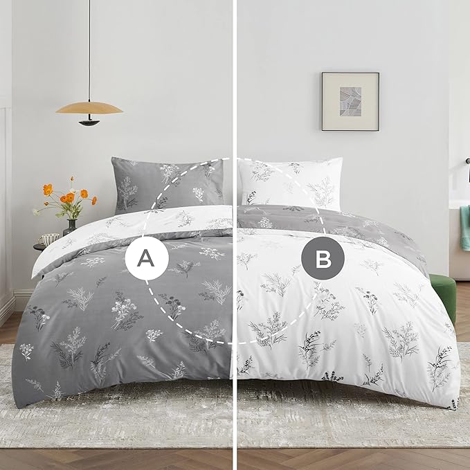 Bedsure Duvet Cover Queen Size - Reversible Floral Duvet Cover Set with Zipper Closure, 3 Pieces Grey Bedding Set with 8 Corner Ties and 2 Pillowcases 20"x26"