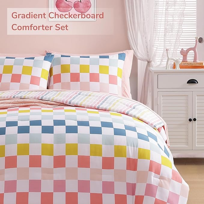 Twin Comforter Set for Girls-5 Pieces Colorful Check Twin Bedding Sets for Kids, Ultra Soft Bed in A Bag with Sheets