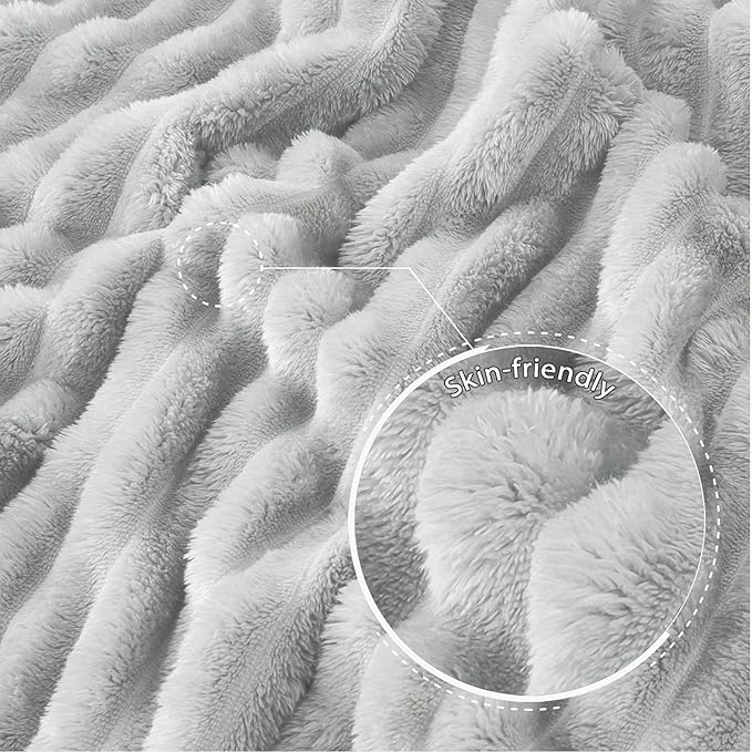 Exclusivo Mezcla Queen Size Flannel Fleece Blanket, Super Soft Striped Jacquard Bed Blanket, Lightweight Fuzzy Cozy for All Seasons, 90x90 Inches, Light Grey