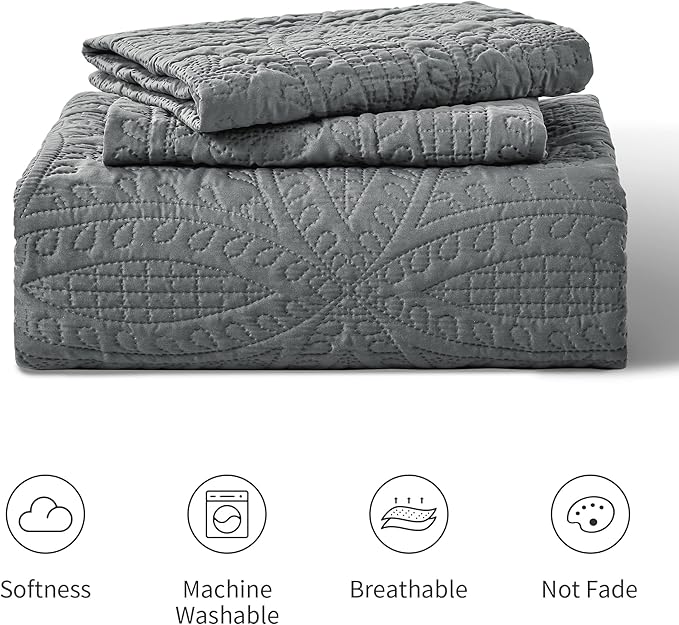 Love's cabin Quilts for Queen Bed Dark Grey Bedspreads Bedding Set - Lightweight Bedspread Comforter - Coin Pattern Bedding Coverlet for All Season - 3 Pieces (1 Quilt, 2 Pillow Shams)