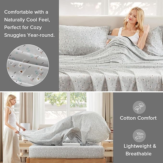 Comfort Spaces 100% Cotton Sheet Set Breathable, Lightweight, Soft with 14" Elastic Pocket Fits up to 16" Mattress, All Season Cozy Bedding, Matching Pillow Case, Cal King Lama Multi 4 Piece