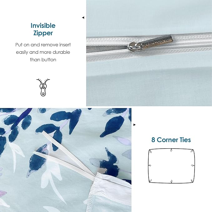 Style Quarters Dahlia Lane 3pc Duvet Cover Set - Multi-Color Floral Stems with White Leafy Silhouettes - 100% Cotton - Machine Washable - Includes 1 Duvet Cover + 2 Shams (Queen)