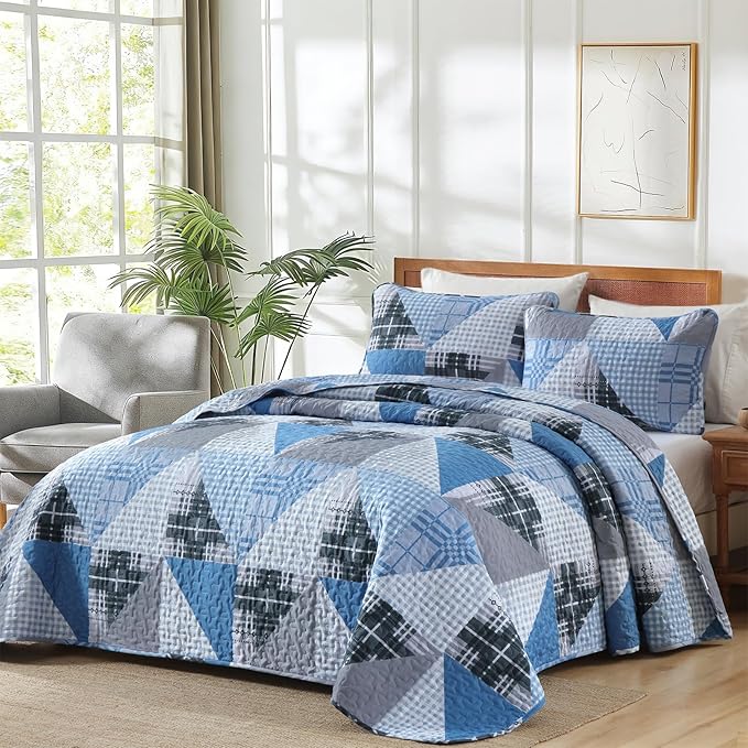 Annibedding Blue Quilt Set King Size, 3 Pieces Geometric Bedspread Plaid Patchwork Bedding Set for All Season, Soft Lightweight Bedspread with Wave Quilting (King, 110“x90)