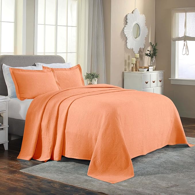 Superior 2 Piece Celtic Circles Cotton Bedspread Set, Decorative Bed Spread, Home Bed Decor, 1 Pillow Sham, Medium Weight Blanket, Matelasse Coverlet Bedding, Wedding Ring Design, King, Salmon