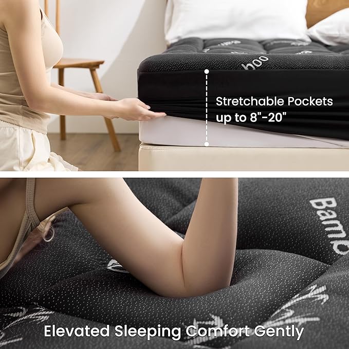 Love's cabin King Mattress Topper Viscose Derived from Bamboo, Thick Pillow Top Mattress Pad with Stretchable Pockets for 8"-20" Mattress, Breathable Cooling Mattress Topper for Hot Sleepers, Black