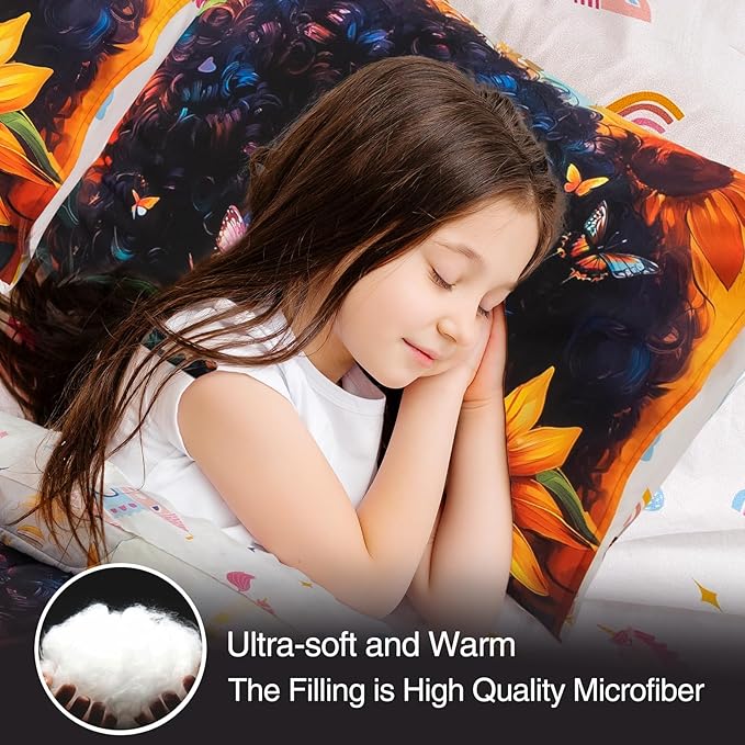 A Nice Night 6pcs Comforter Sets,Black Girl with Butterfly Flying Printed, Sunflower Flowering Shrubs Background Kids Bedding Set,Queen