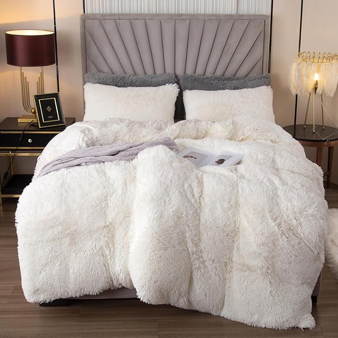 EMME Luxury White Fuzzy Duvet Cover Set King Size 3 Pieces Fluffy Comforter Cover Set for King Bed Shaggy and Plush Soft Bedding Duvet Covers (White, King)