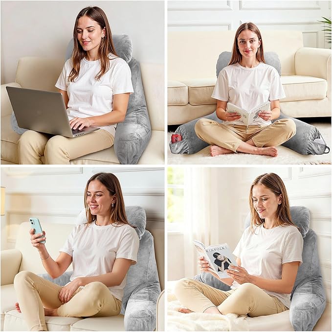 Reading Pillow for Sitting in Bed Adult, Reading Pillow with Shredded Memory Foam (LightGery, Extra Large 25" H)