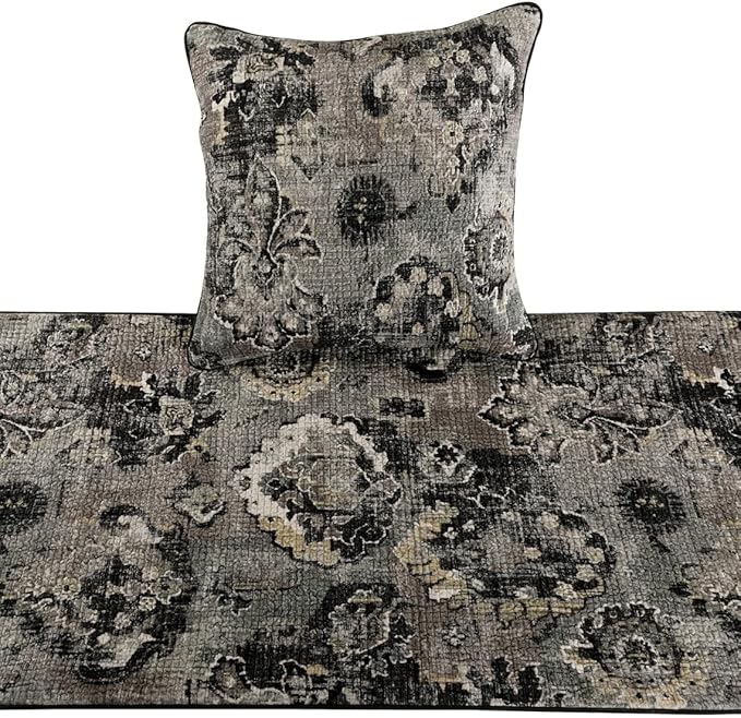 The HomeCentric Decorative Black & Grey Full 68 x 18 inch Bed Runner with Pillow Cover Set, Velvet Damask with Tassels Bed Scarf, Abstract Modern - Paved Damask
