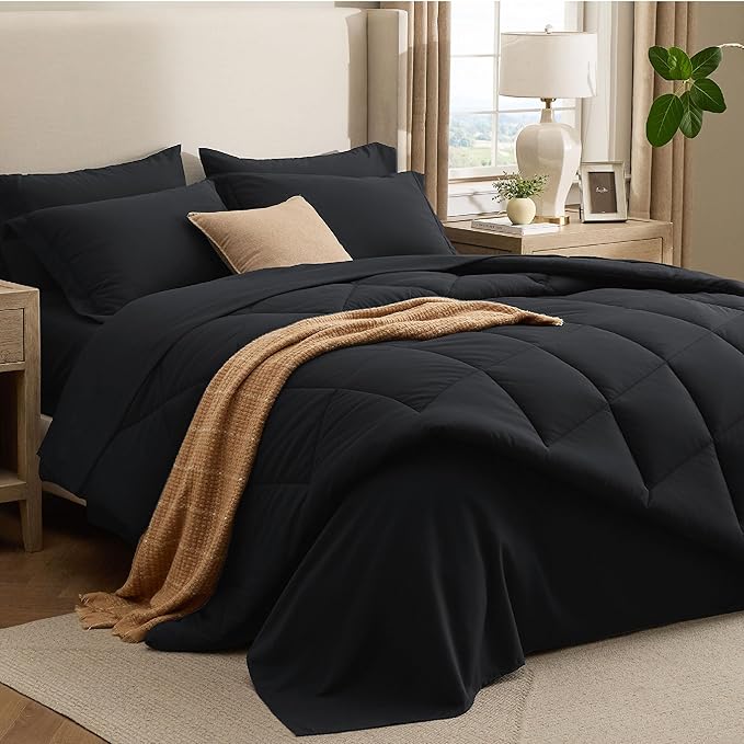 Bedsure 5 Pieces Twin Comforter Set Premium Series, Hotel Luxury Soft Bed in a Bag, Goose Down Alternative, Safe for Sensitive Skin Bedding Comforter All Season Medium Warmth, Black Twin Size