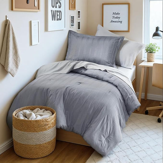 Madison Park Essentials Striped Comforter Set Twin, 5 Pieces Modern Minimalist Jacquard Bedding Set for All Season, Bed in A Bag with Sheet Set and Soft Brushed Reverse, Lightweight Blue/Grey