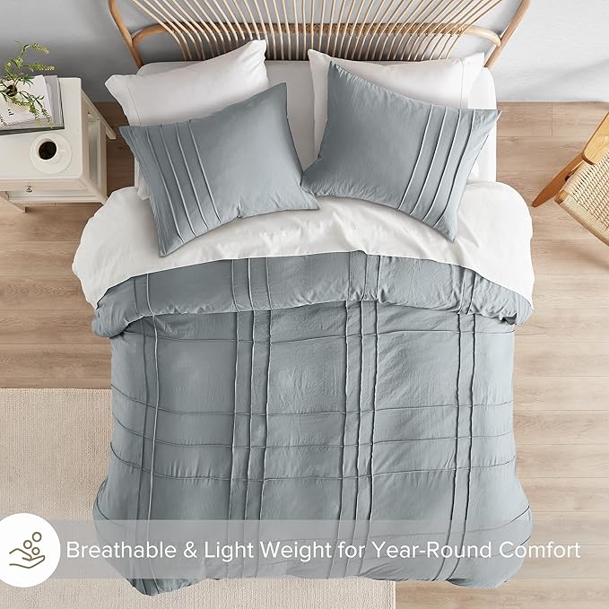 Comfort Spaces Blue/Grey Queen Size Duvet Cover Set - 3 Pieces Pintuck Pleated Duvet Cover, All Season Lightweight, Extra Softness Pre-Washed Microfiber Bedding Cover Shams