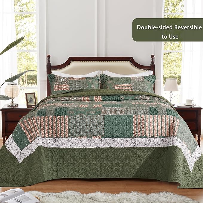 LEAONME 3 Pieces California King Size Quilt Set Olive Green Oversized 120x120 Inch Bedspread Coverlet Lightweight Microfiber Paisley Bed Cover for All Seasons (1 Quilt, 2 Pillow Shams)