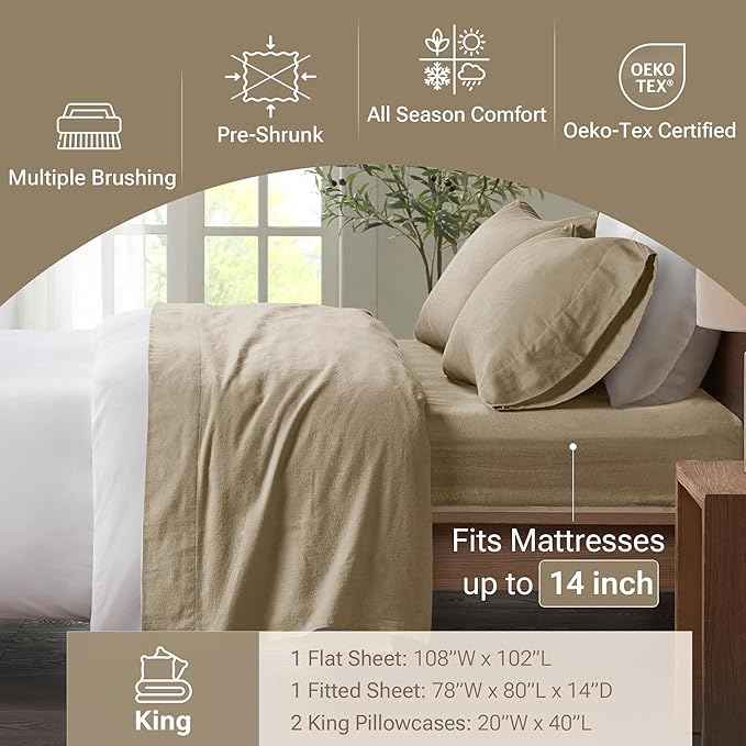 True North by Sleep Philosophy Cozy Flannel Warm 100% Cotton Sheet - Novelty Print Animals Stars Cute Ultra Soft Cold Weather Bedding Set, King, Tan Solid 4 Piece