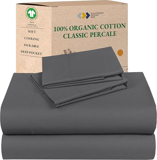 California Design Den Bed Sheets California King Size Set - Soft 100% Organic Cotton Sheets with Deep Pockets, Crisp Percale, Breathable and Durable Bedding Set - Grey
