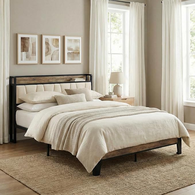 LIKIMIO Full Size Bed Frame, Storage Headboard with Charging Station, Solid and Stable, Noise Free, No Box Spring Needed, Easy Assembly (Walnut and Beige)