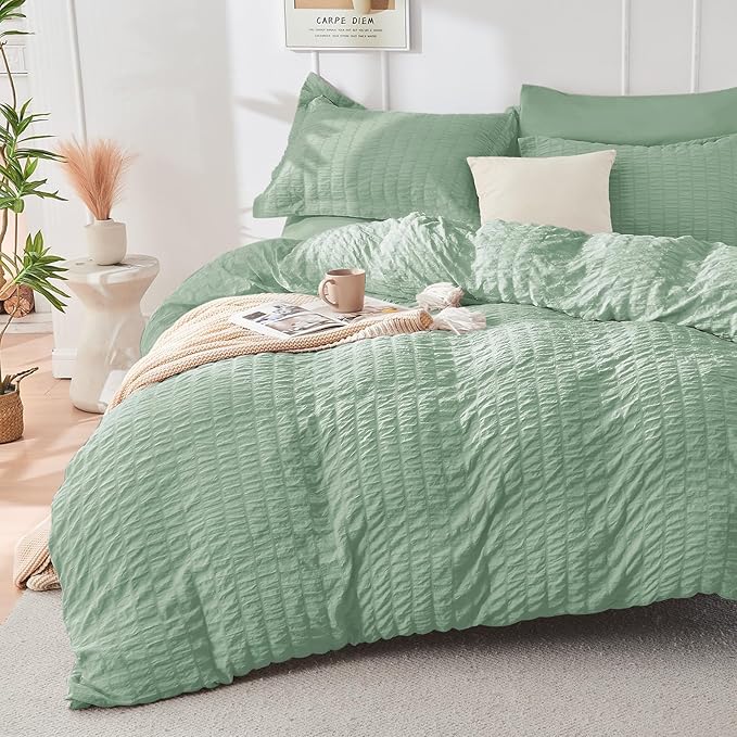 HYMOKEGE Sage Green Twin Size Duvet Cover, Ultra Soft 2-Piece Seersucker Duvet Cover Set with Zipper Closure, Soft Brushed Microfiber Bedding Set with 8 Corner Ties (68"x90", 1 Pillowshams)