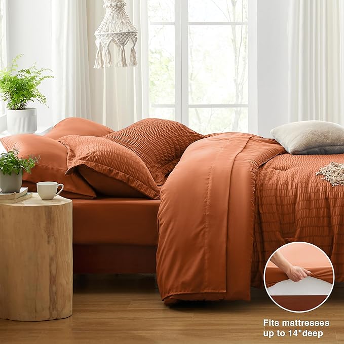 Love's cabin Seersucker Terracotta California King Comforter Set, 7-Piece All Season Lightweight Bed in a Bag Bedding Set with Comforter, Flat Sheet, Fitted Sheet, Pillowcases and Shams | Soft, Breathable, Lightweight